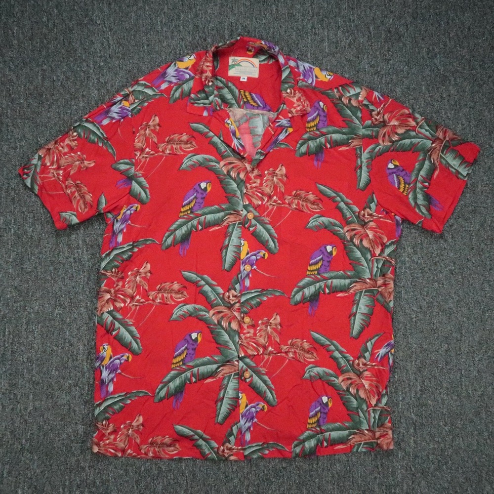 Paradise Found Shirt Mens Medium Red Green Floral Aloha Parrot Magnum PI